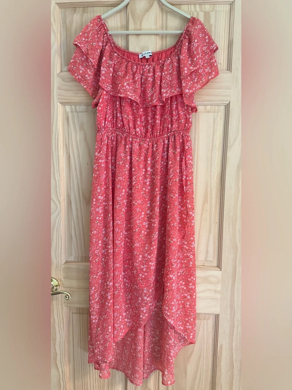 Wallflower Coral Pink Floral Ruffle Hi-Low Dress